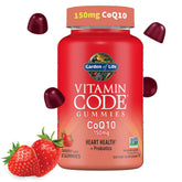 Garden of Life Vitamin Code CoQ10 Gummies strawberry bottle highlights heart health support in a tasty form.