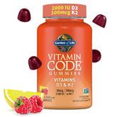 Garden of Life Vitamin Code D3 + K2 Gummies bottle with raspberry lemon flavor supports daily bone health