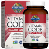 Garden of Life Vitamin Code Healthy Blood bottle close-up showing 28mg iron