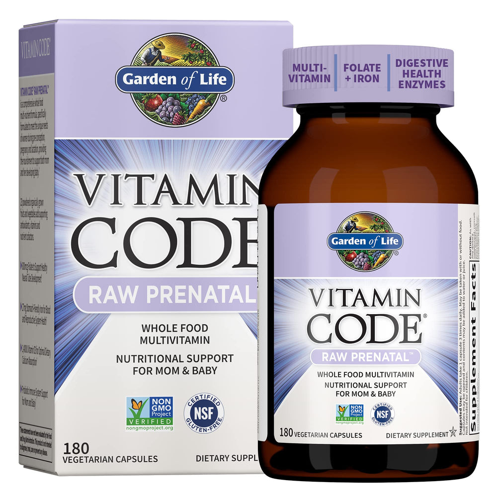 Garden of Life Vitamin Code RAW Prenatal bottle on shelf highlighting whole-food nourishment.