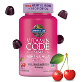 Garden of Life Vitamin Code Women’s Multivitamin Gummy with Iron bottle shows three-cherry serving