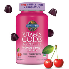 Garden of Life Vitamin Code Women’s Multivitamin Gummy with Iron bottle shows three-cherry serving
