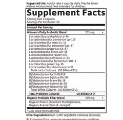 Garden of Life Women's Daily Care Probiotics label highlights key strains and daily serving details.