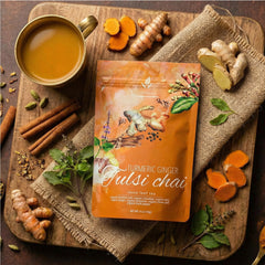 Close-up of turmeric, ginger, and tulsi in Gardenika herbal blend