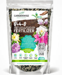 GardenWise 8-4-8 acidic fertilizer bottle promoting vibrant blooms and soil health.