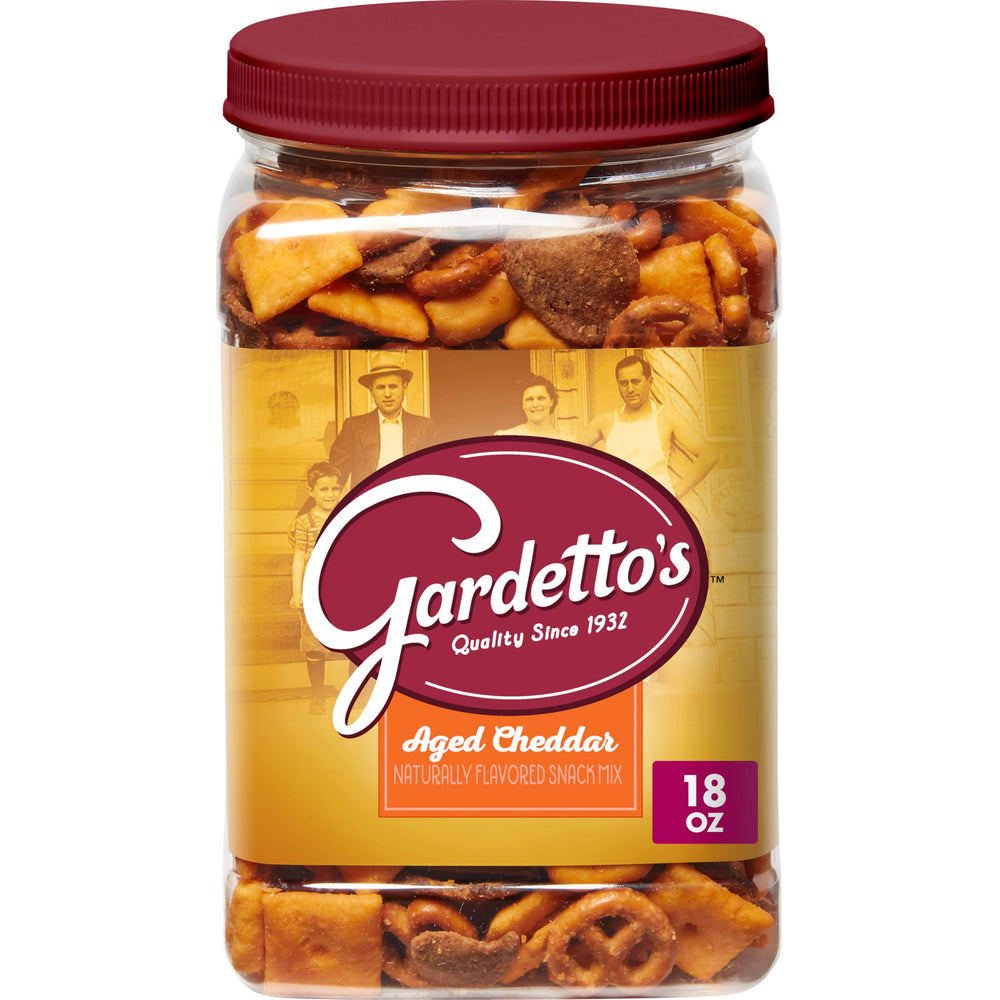 Gardetto's Aged Cheddar Snack Mix tub front view, cheddar crunch for gatherings.