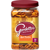 Gardetto's Aged Cheddar Snack Mix tub front view, cheddar crunch for gatherings.