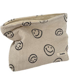 Gardsell corduroy cosmetic bag in beige with smiley dots, ideal for daily makeup organization.