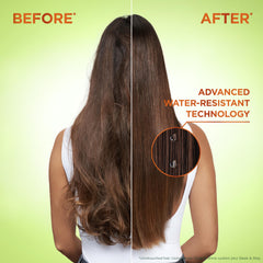Garnier Fructis Sleek and Stay serum being dispensed onto damp hair