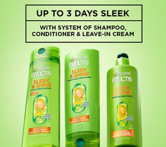 Garnier Fructis Sleek & Shine leave-in on dry hair for frizz reduction.