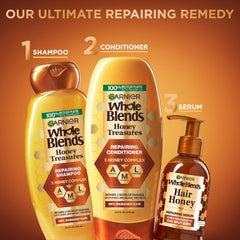 Garnier Honey Treasures serum application image highlights nourishment for ends