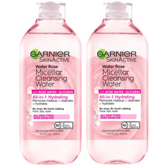 Garnier Micellar Water with Rose Water applying makeup removal gently.