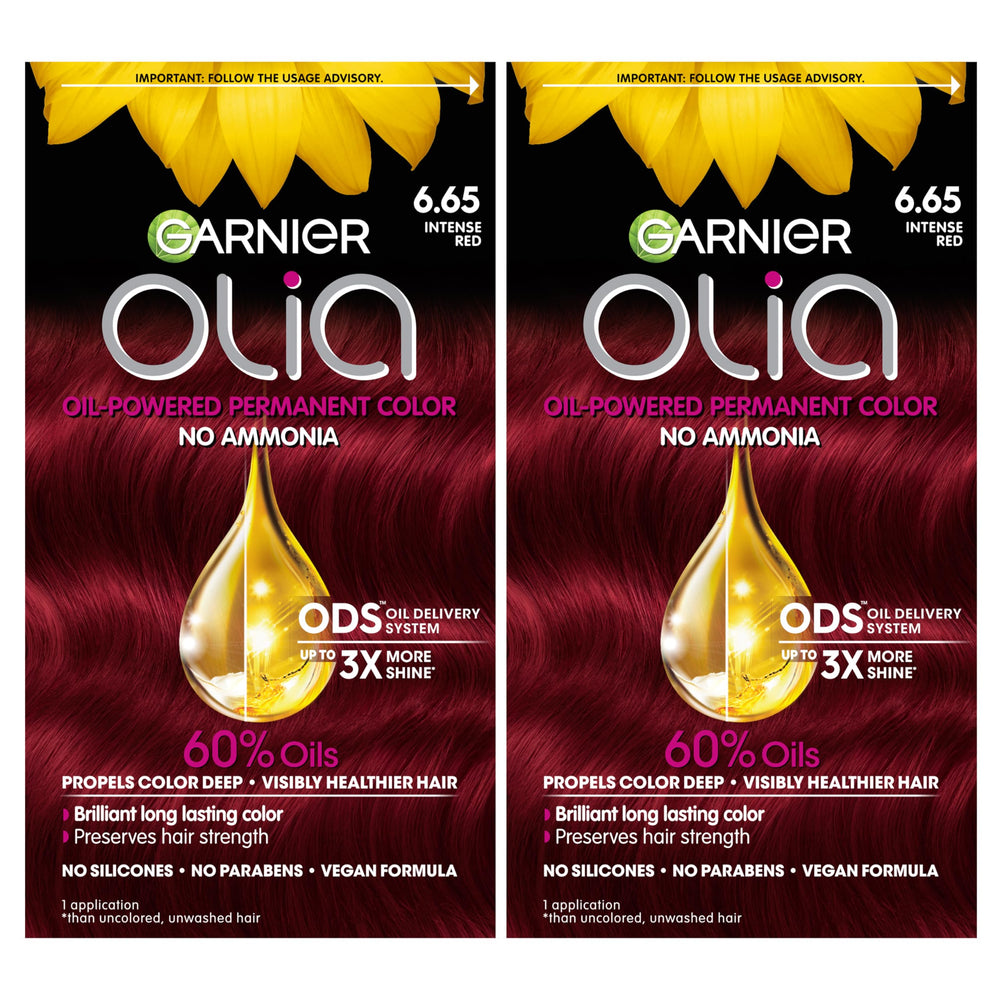 Garnier Olia 6.65 Intense Red application with ammonia-free formula.