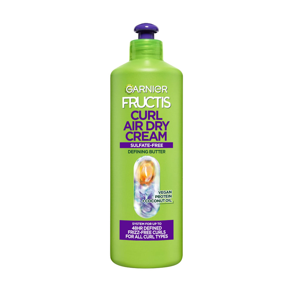 Garnier Fructis Curl Nourish Air Dry Cream close-up bottle focusing on moisture for all curls