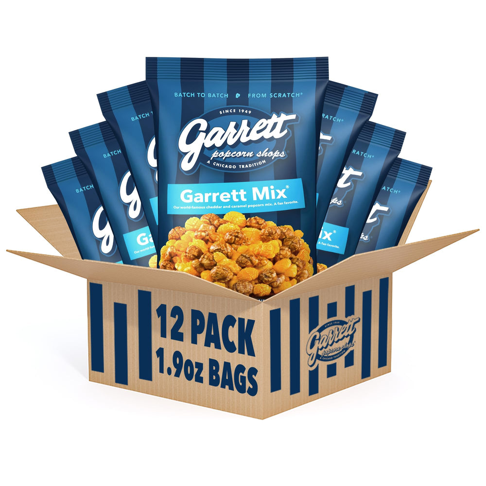 Garrett Popcorn Garrett Mix cheese caramel bags showcase bold sweet-salty flavor.