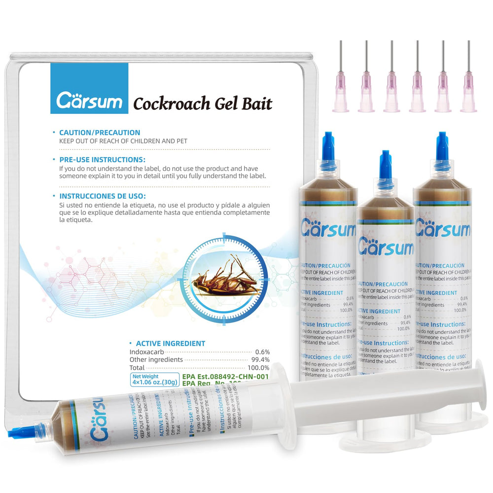 Garsum Cockroach Gel Bait box front with four 30 g syringes for versatile control.