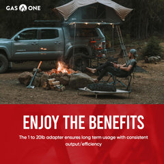 Gas One quick-install adapter shown connecting 1 lb to 20 lb tanks.