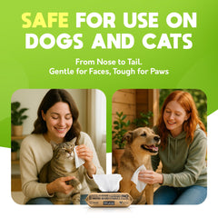 Paw and face wipe usage, safe for dogs and cats