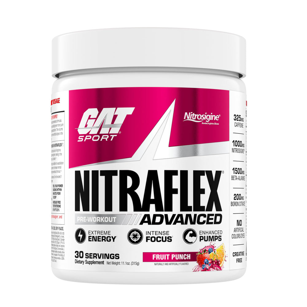 GAT SPORT Nitraflex jar-front shows bold branding for an energy boost during workouts.