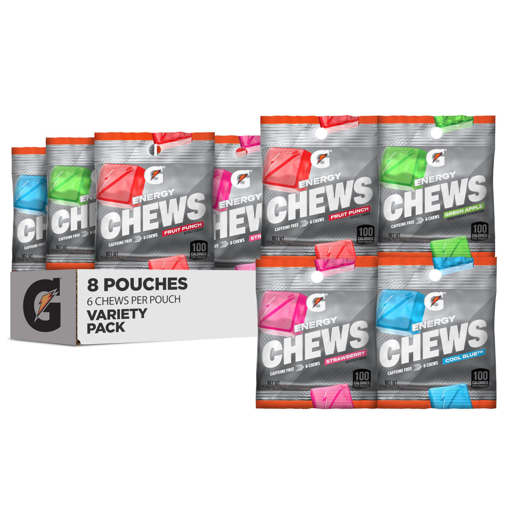 Gatorade Energy Chews variety pack front view showing all flavors for portable hydration on the go