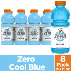 Gatorade G Zero Cool Blue pack shot with eight bottles