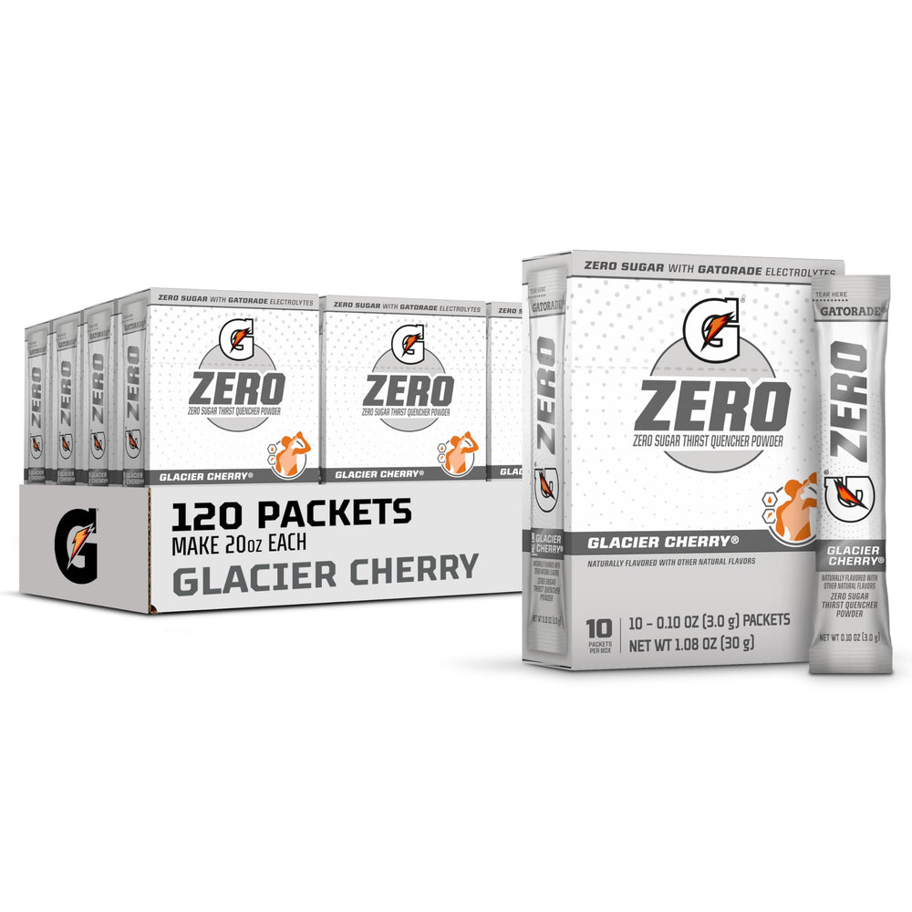 Gatorade G Zero Glacier Cherry packet closeup for quick hydration on the go