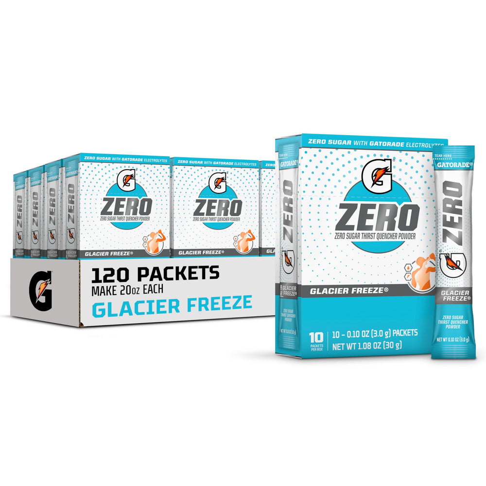 Gatorade G Zero Glacier Freeze box packaging showing 12 boxes for convenient at-home hydration.