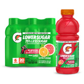 Gatorade Lower Sugar Fruit Punch bottle front with bold color and hydration cue