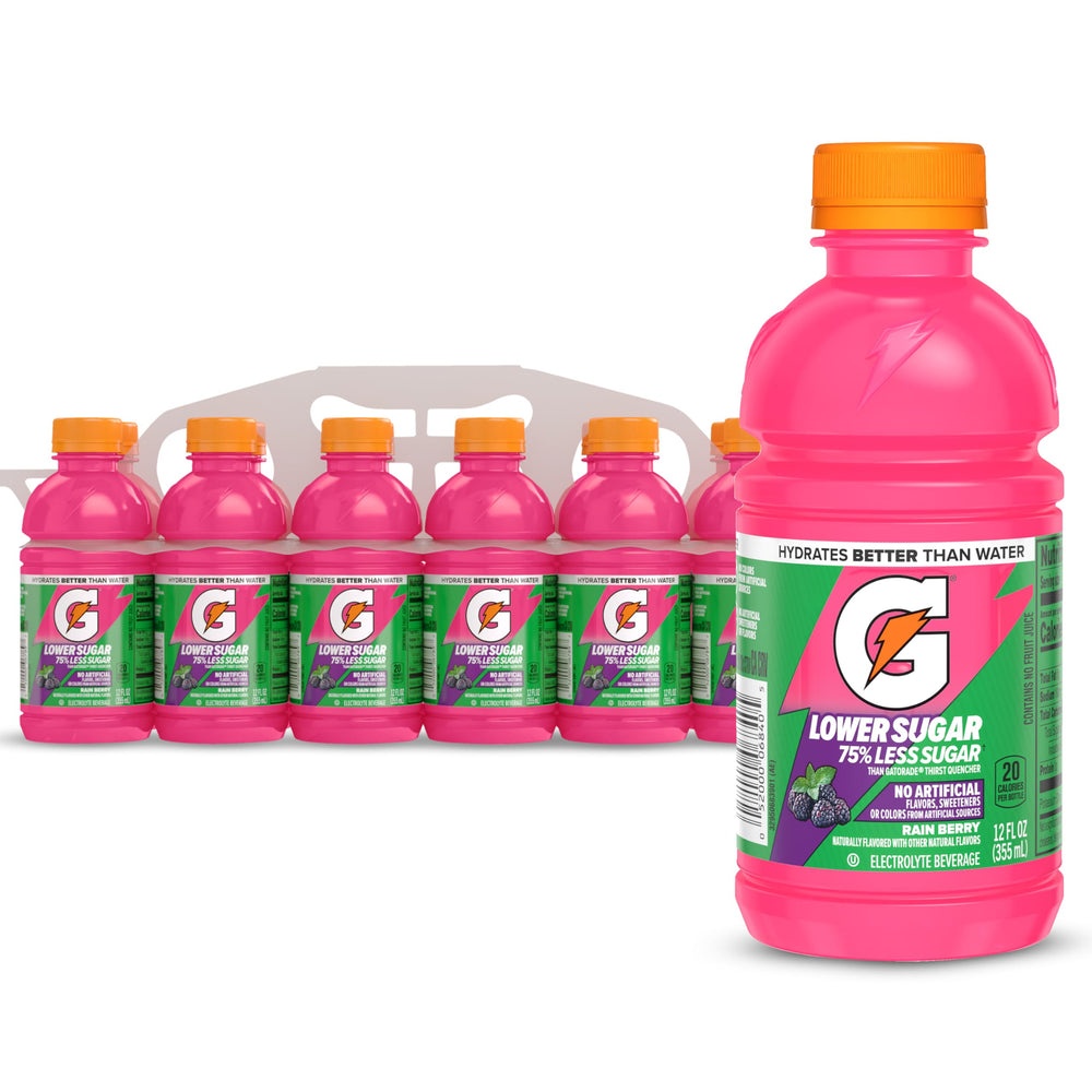 Gatorade Lower Sugar Rain Berry bottle front ready for quick hydration during workouts