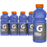 Gatorade Thirst Quencher Fierce Grape bottle on a gym bench, ready for hydration.