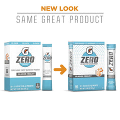 Gatorade Zero Powder flavors line up: Glacier Freeze, Orange, Glacier Cherry.