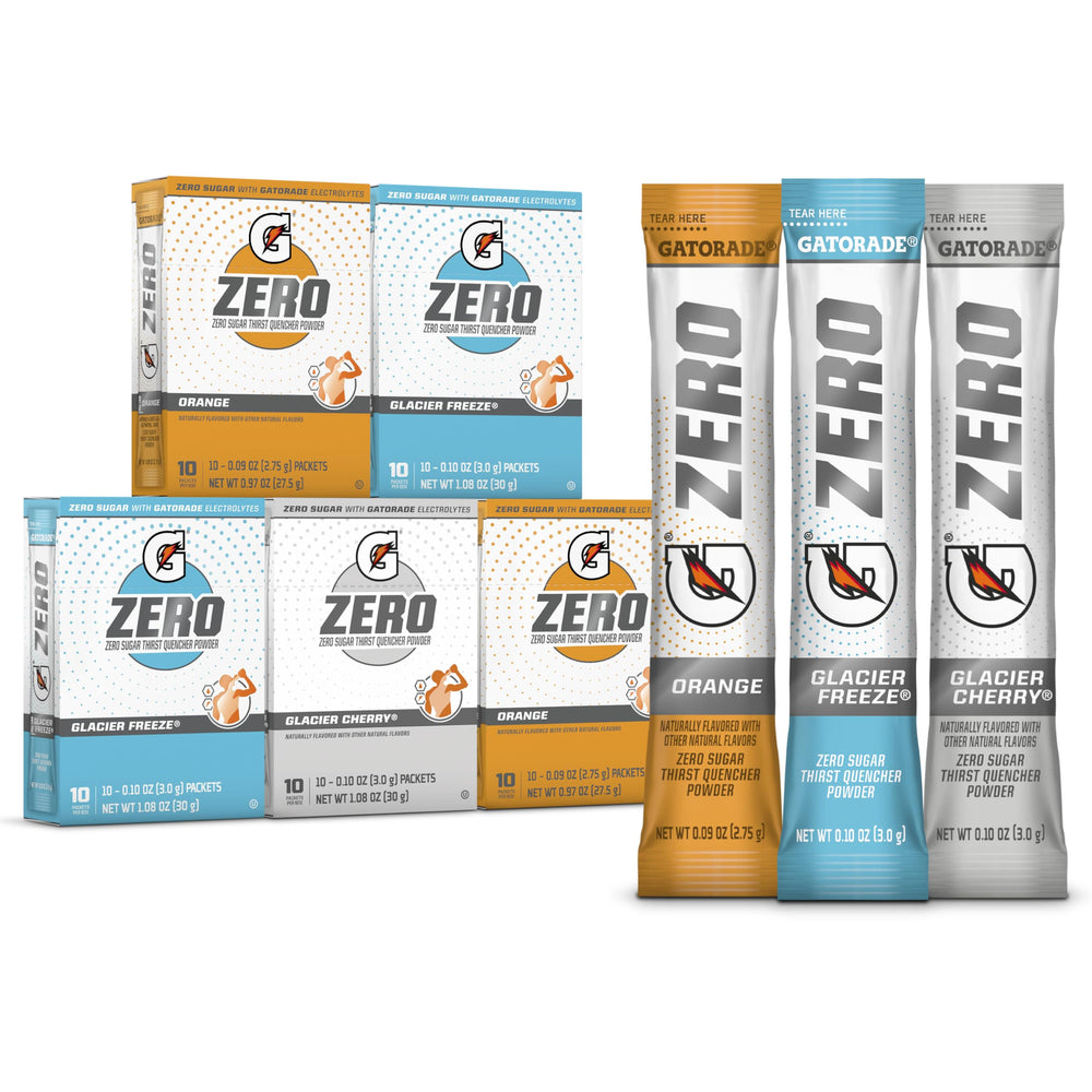 Gatorade Zero Powder packaging showcases Glacier Cherry, Glacier Freeze, and Orange flavors.