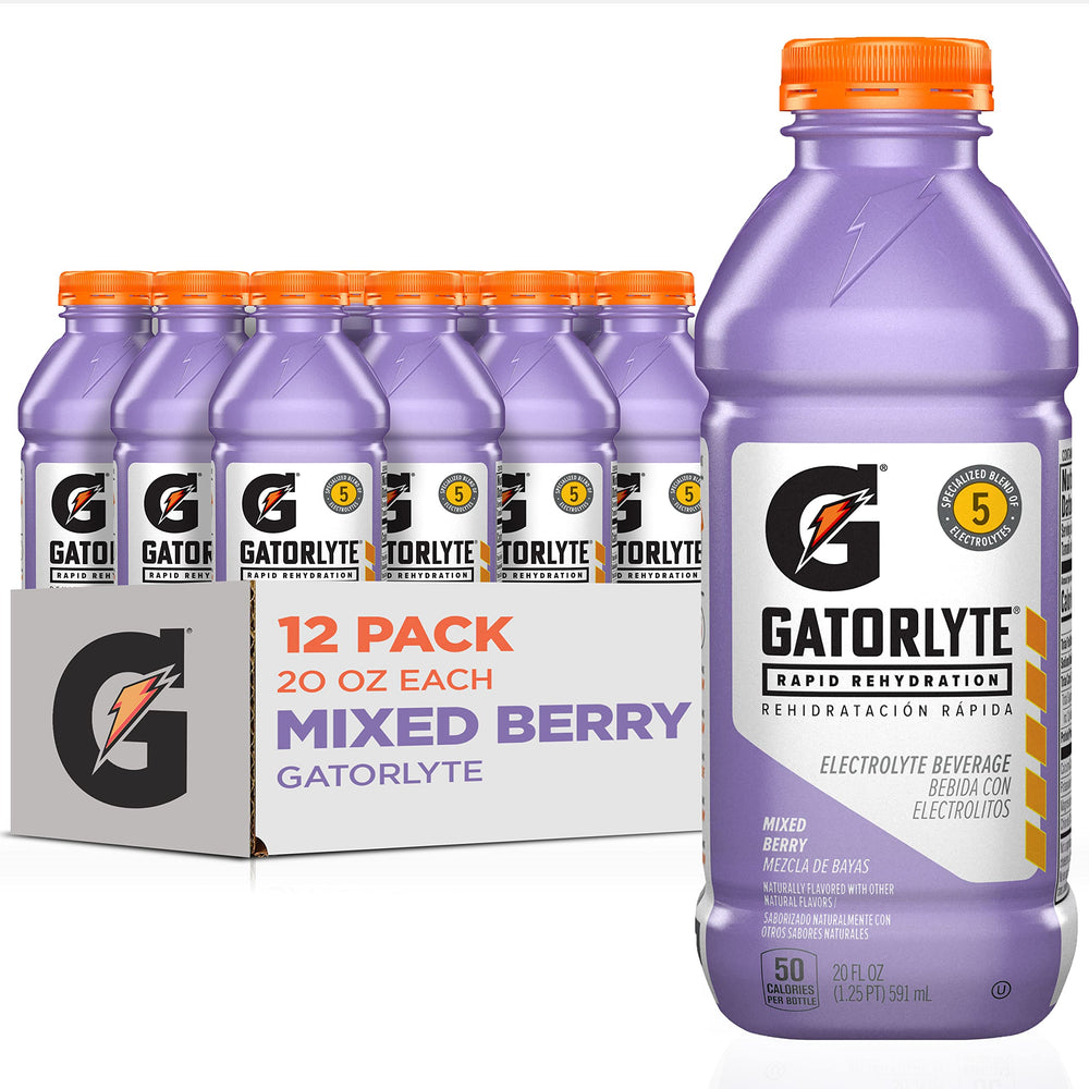 Gatorlyte rapid rehydration bottle front view for quick hydration during workouts.
