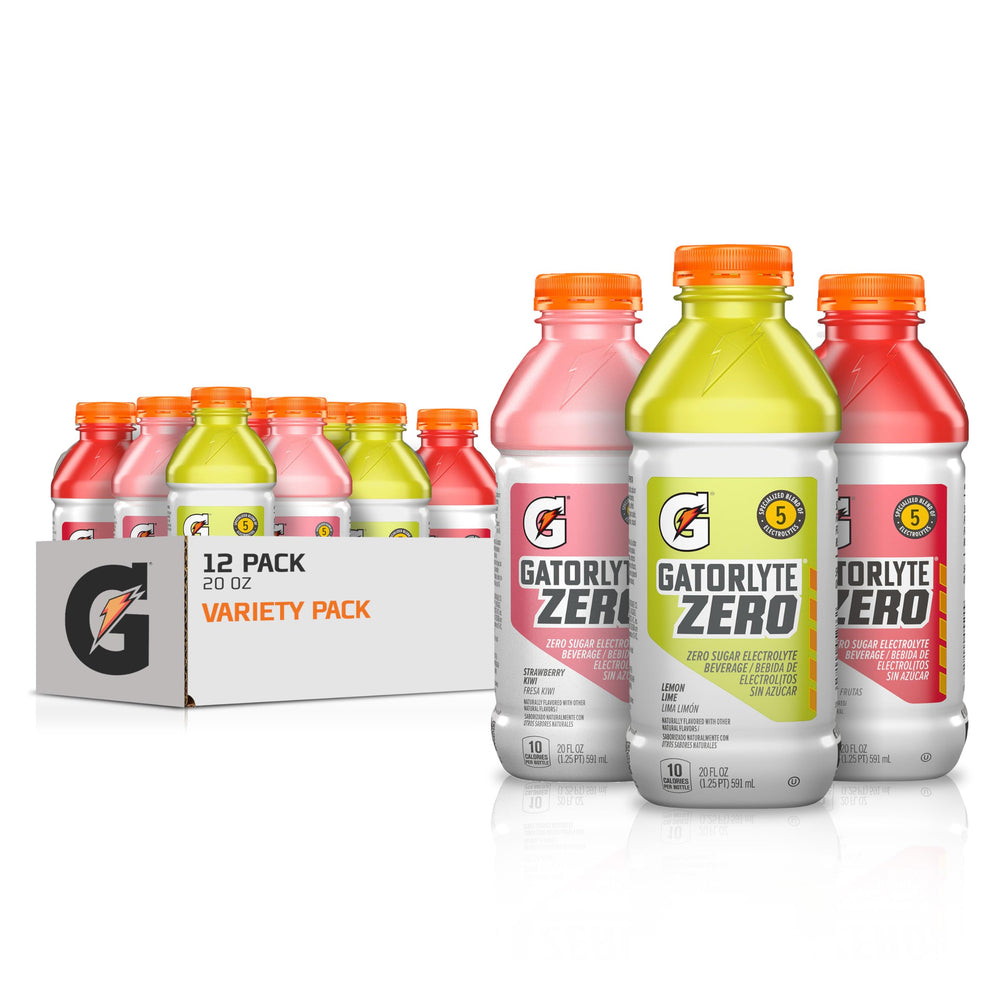 Gatorlyte Zero variety-pack display shows four Strawberry Kiwi bottles for on-the-go hydration