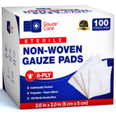Gauze Care 8-ply 2x2 pad, highly absorbent and lint-free for wound care.