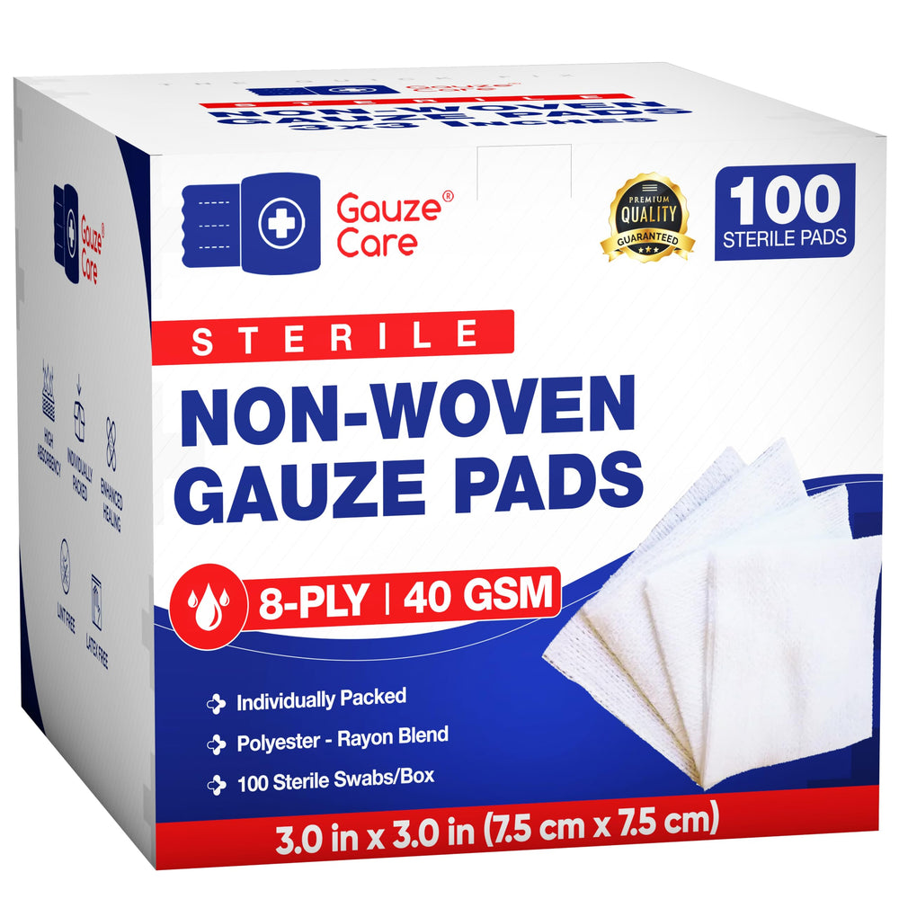 Gauze Care thick non-woven 3x3 gauze pads offer soft, lint-free wound coverage.