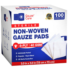 Gauze Care thick non-woven 3x3 gauze pads offer soft, lint-free wound coverage.