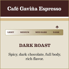Gavina espresso dark roast highlights a full body and chocolate notes.