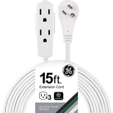 GE 3-outlet flat extension cord with 15ft reach for versatile power access.
