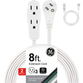 GE 3-outlet flat extension cord 8ft, two-pack, ideal for behind desks to save wall space