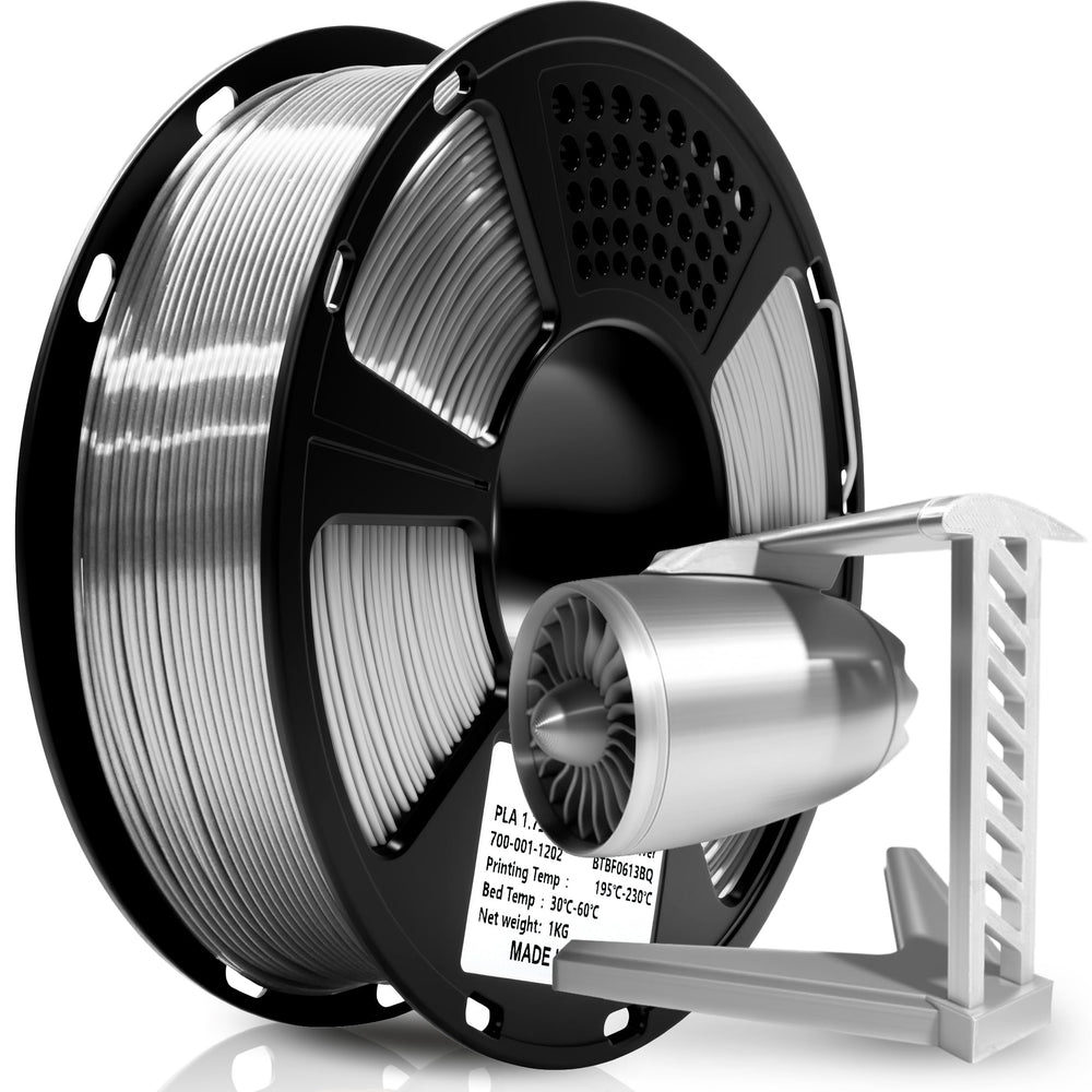 Geeetech Silk PLA spool in metallic silver showing glossy finish for 3D prints