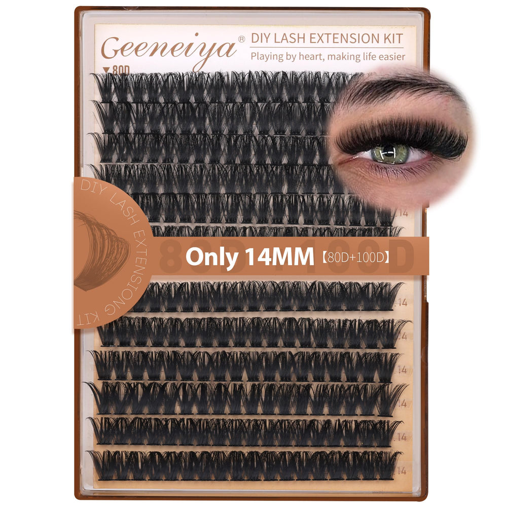 Geeneiya 14mm volume lash clusters in packaging for easy at home use