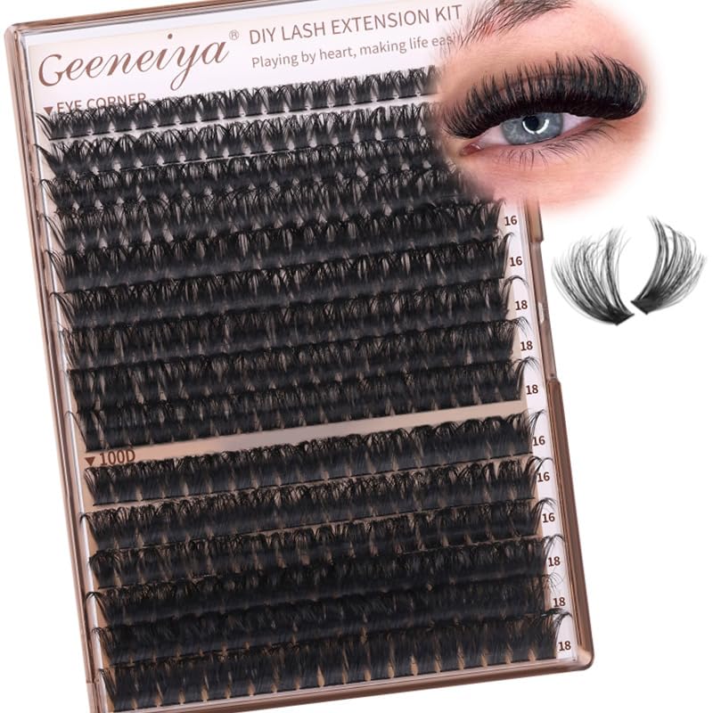 Geeneiya volume lash clusters with D curl for 10-14mm, easy at-home DIY lash enhancement.