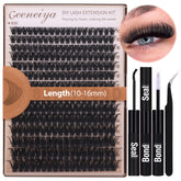 Geeneiya volume lash clusters kit contents showing bundles, bond, seal, and tweezers for DIY extensions