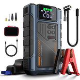 Geeneu jump starter front view powers a dead battery at roadside.