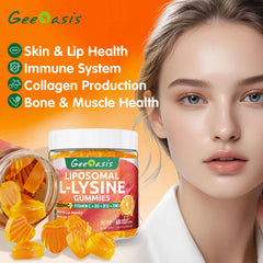 Geeoasis Liposomal L-Lysine Gummies fruit flavor closeup emphasizes vegan, pectin-based formula.