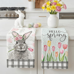 Geeory Easter towel with Hello Spring motif enhances seasonal décor in the kitchen.