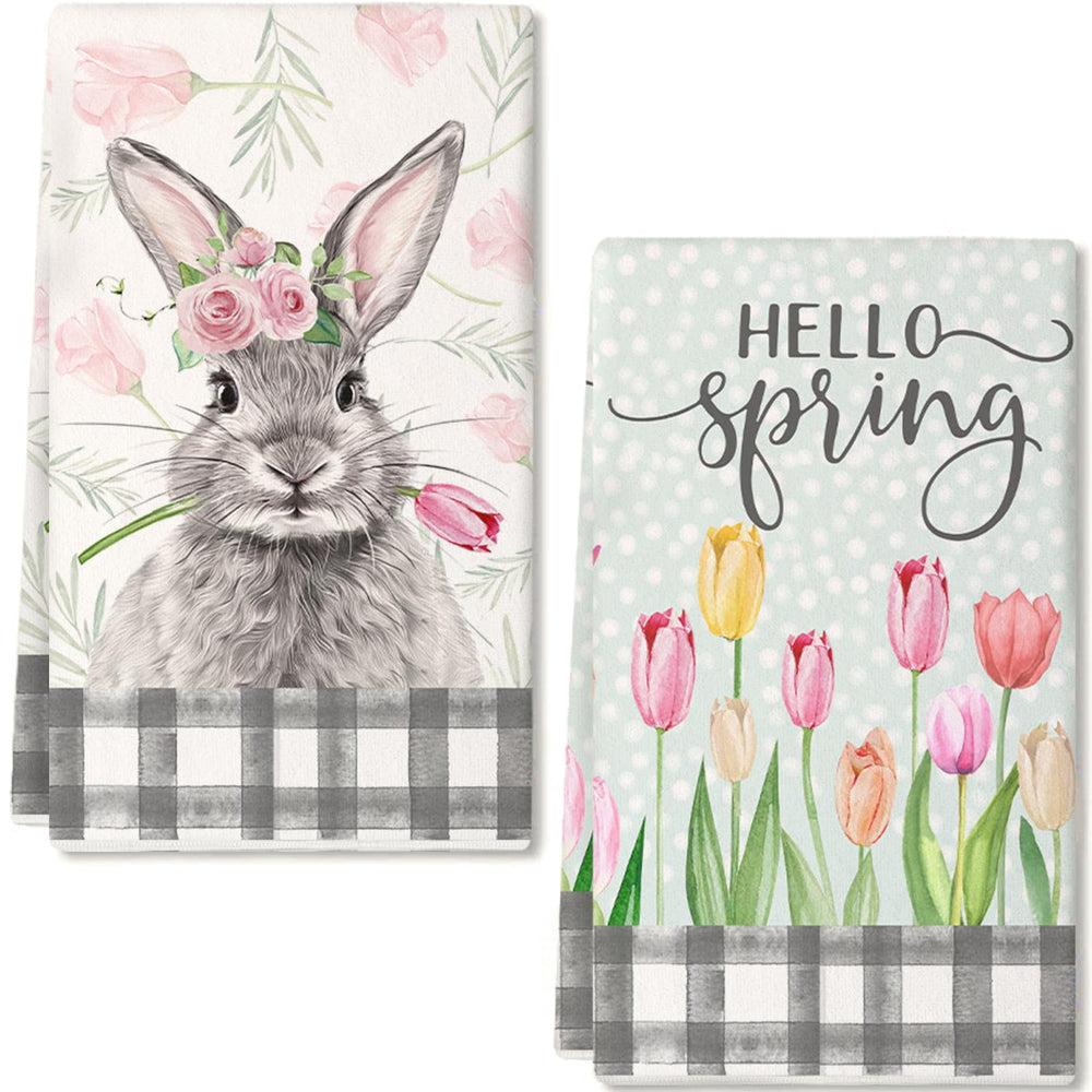 Geeory Easter towels featuring pink tulips and bunnies brighten your kitchen.