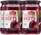 Gefen sliced pickled beets four-pack on shelf, ideal salad topper.