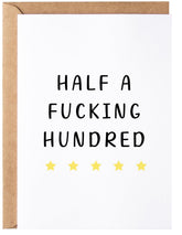 Gelid Half a Hundred birthday card cover with bold humor for milestone celebrations.